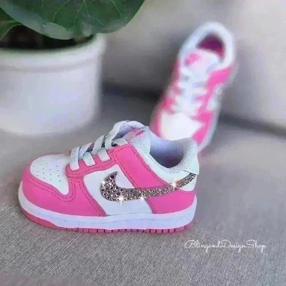 Bling Nike Girls Dunk Low Baby Toddler Pink Sneakers Shoes Custom with Crystals - Picture 3 of 8